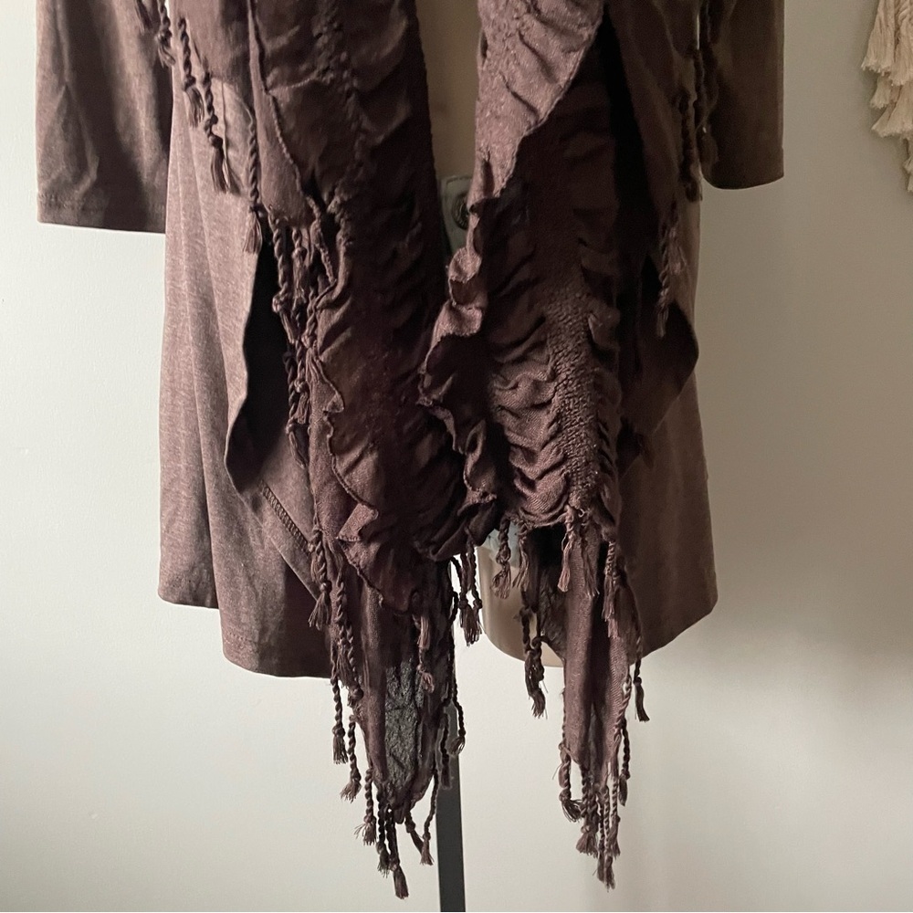 Papillon Lagenlook Fringe Trim Ruffled Open Cardigan Scarf Neck Wrap Boho - Picture 7 of 9